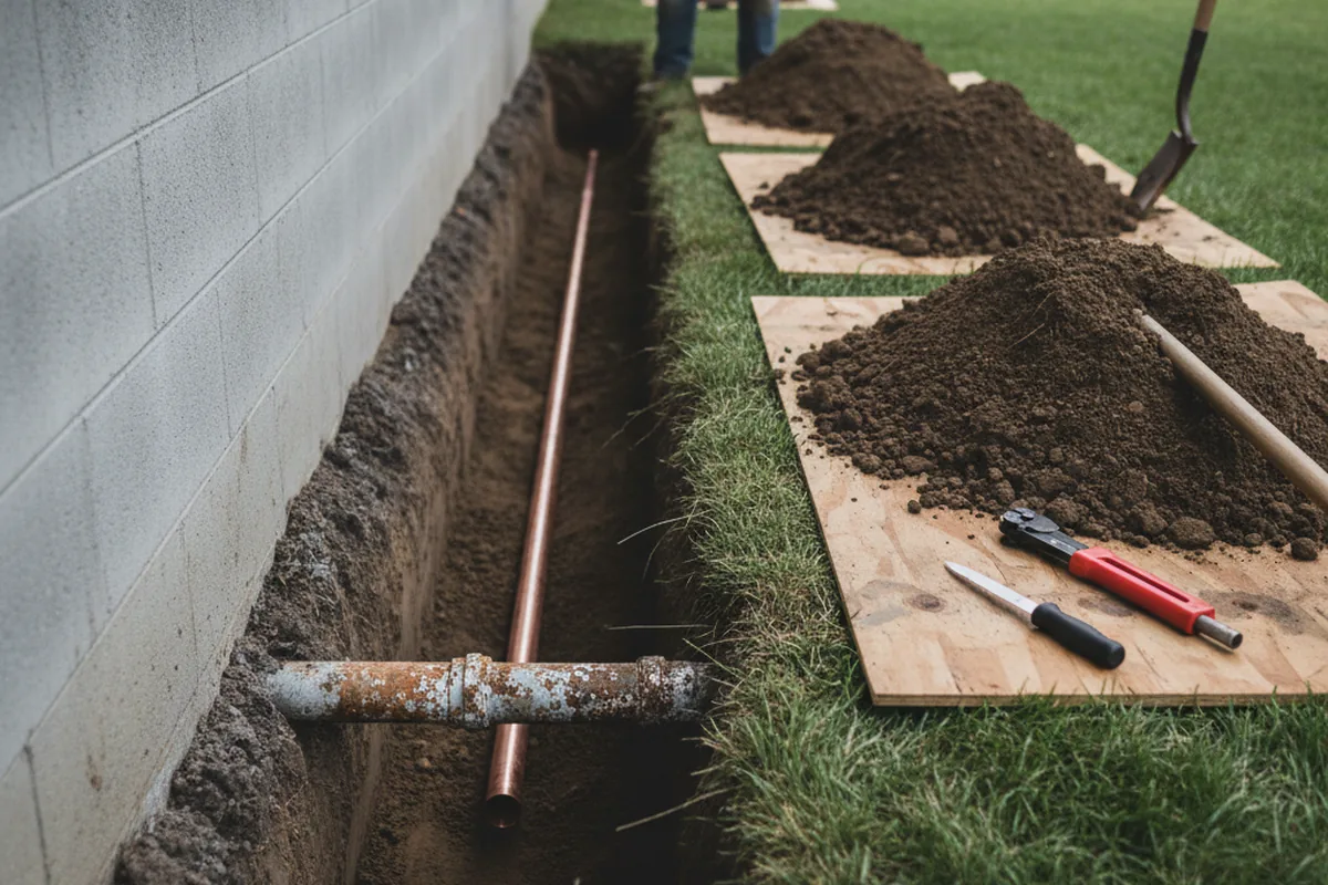 Excavated water line trench during Water Softener Installation in Meridian